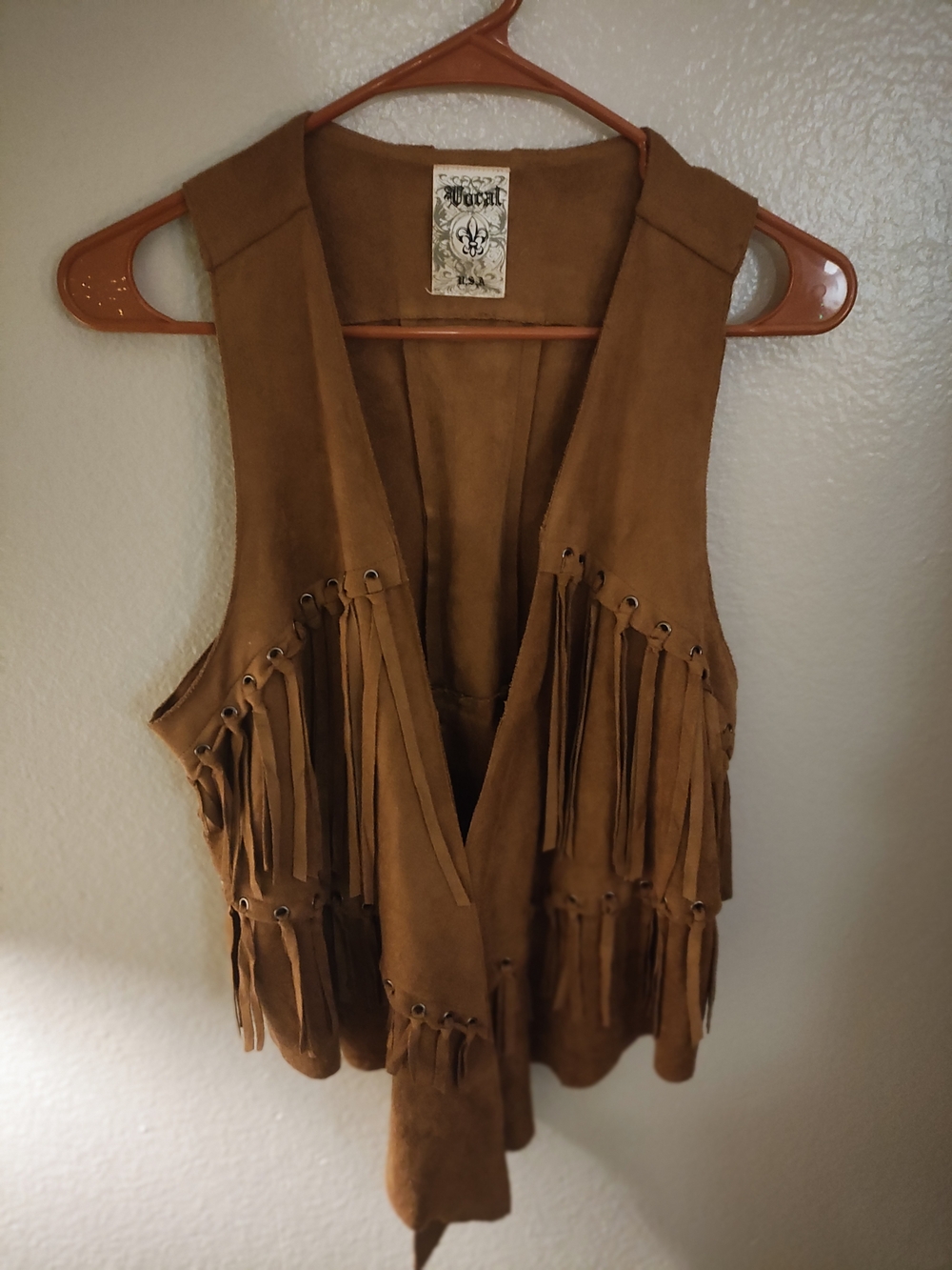 Boho Vest With Fringe, By Vocal, Soft Faux-Suede, Brown, Medium/Large